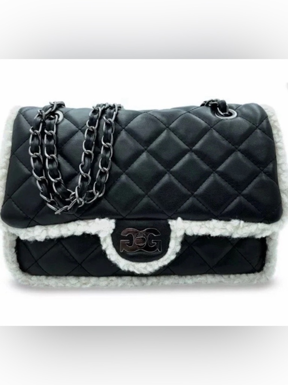 Gilda Paris Black Quilted Shoulder Bag with White Shearling Trim and Chain Strap - Picture 3 of 16